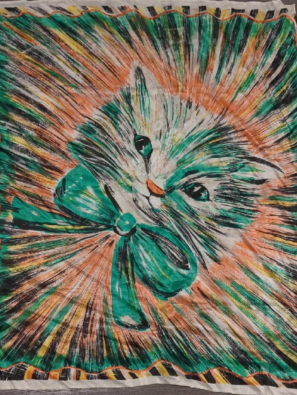 Vintage 40s To 50s Psychedelic Cat Scarf Mod Green Orange Kitty W/ Bow MCM